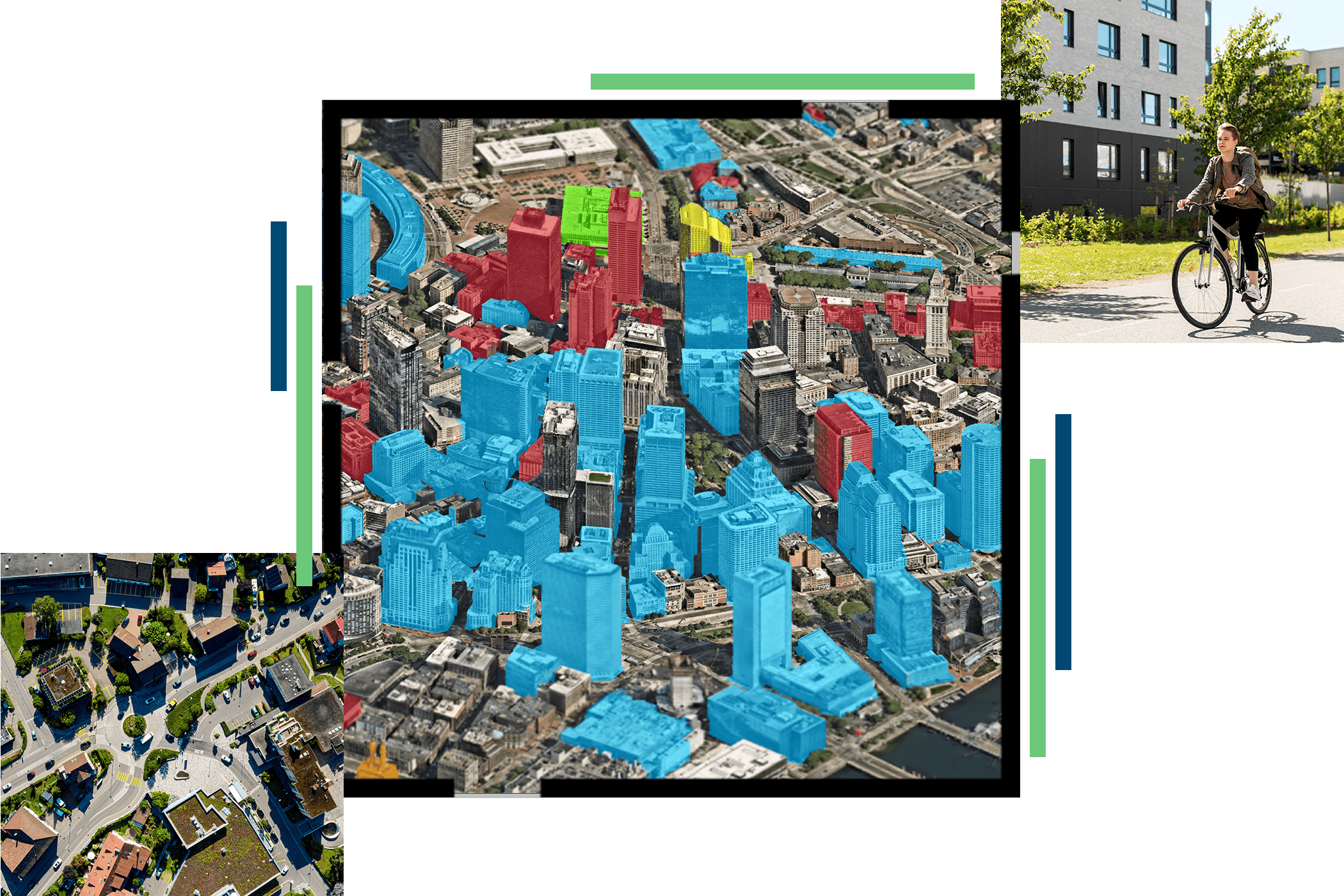 A 3D rendering of a city's downtown core with different buildings shaded in blue, red,  green, and yellow overlaid with an image of a person riding a bike and an aerial view of a mixed-use neighborhood