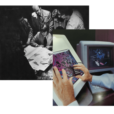 A historical photo shows an Esri employee using a digitizing device to interact with an early GIS computer program that displays a map of a wildlife refuge on an Apple Macintosh monitor from the late 1980s. In the background, another historical photo shows Esri founders Jack Dangermond and Laura Dangermond with employees and partners gathered around large maps to discuss an early project.