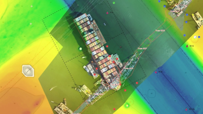 Aerial view of the Key Bridge incident response generated with lidar data, includes icons representing incidents and hazards