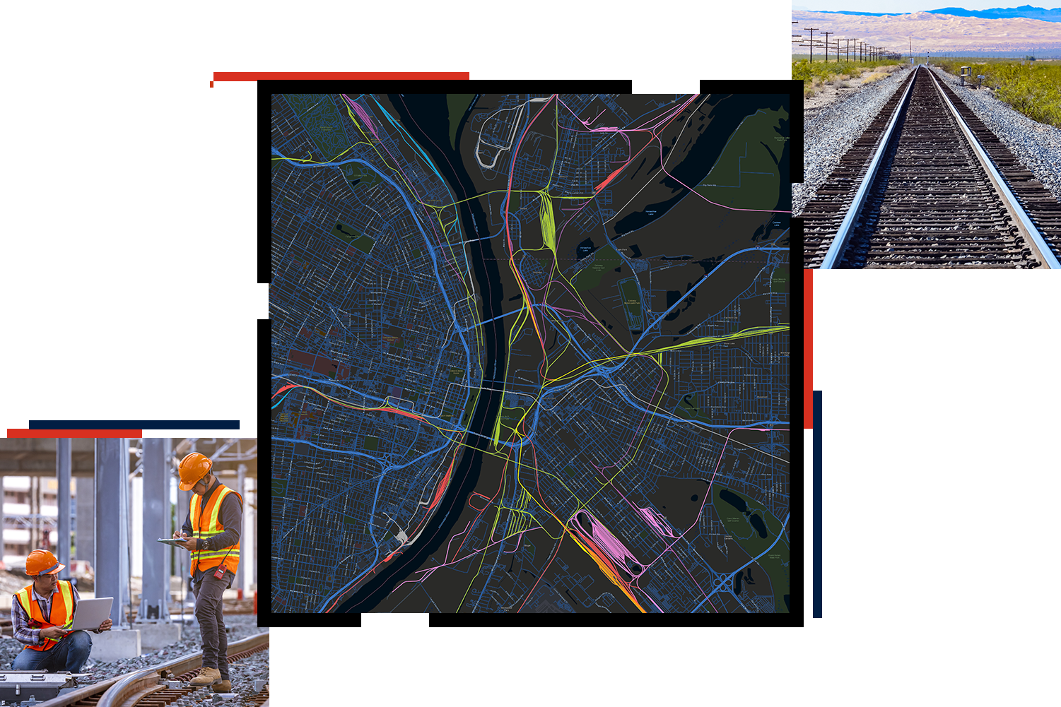 Two people working in hard hats and orange vests, a map with a dark blue background and many intersecting orange lines, and a railroad track