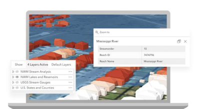 A graphic of a laptop displaying a 3D model of a suburban housing development in white, red, and blue, overlaid with several small legends of analysis options