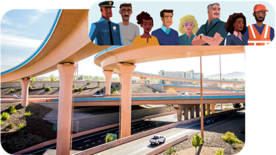 A freeway interchange overlaid with an illustrated, diverse group of people 