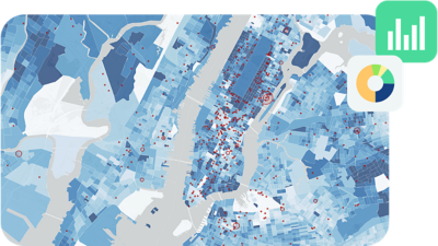 A map of New York City and the surrounding area segmented by different shades of blue overlaid with two graph icons 
